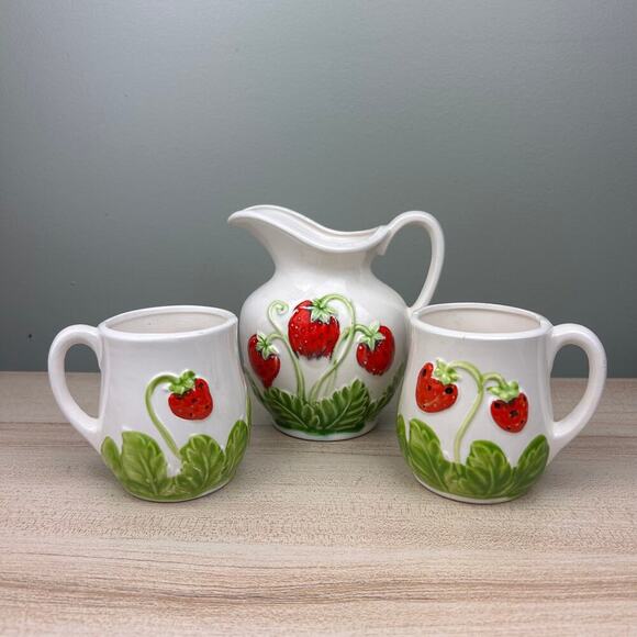 Vintage Other - Vintage Strawberry Mugs & Pitcher Set Cottagecore Home Decor Decorative Use Only